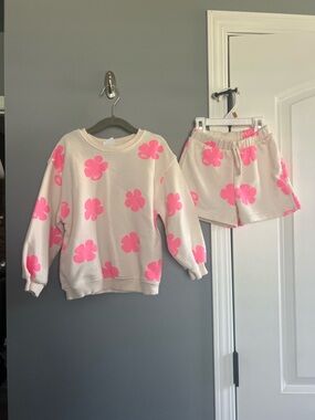 Zara Girls Cream Lounge Set with Neon Pink Floral Prints